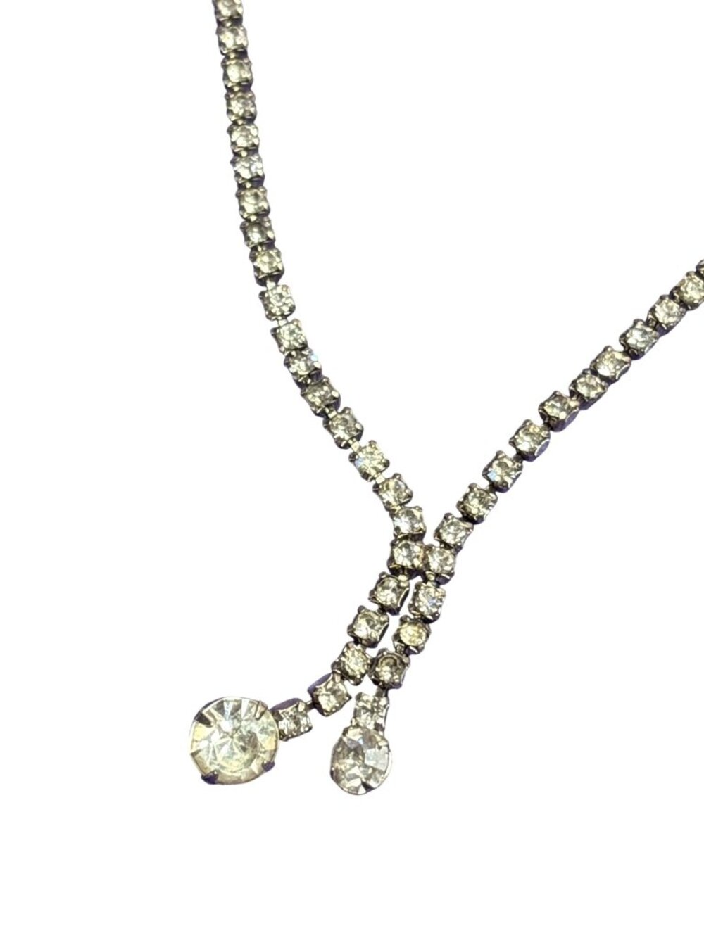 Vintage Clear Rhinestone Silvertone Necklace Fold Over Clasp 15 inches Long